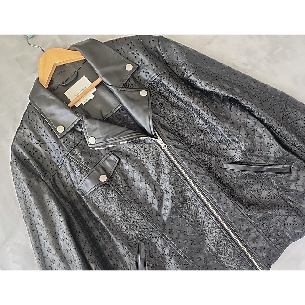 by Anthropologie Jacket Womens Size Large Faux Leather Black Embroidered Lace